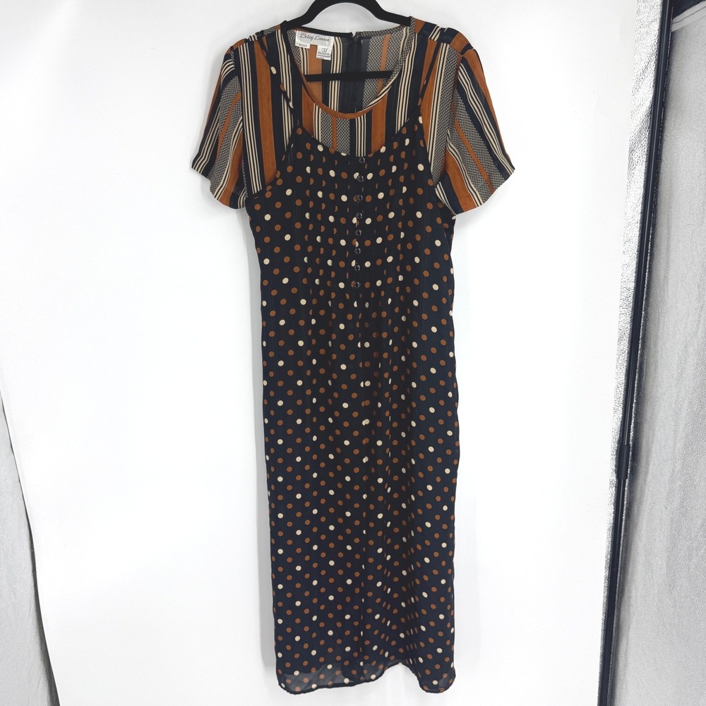 Betsy Lauren Vintage 90s Layered Polka Dot Striped Midi Dress Rust Black Size 8